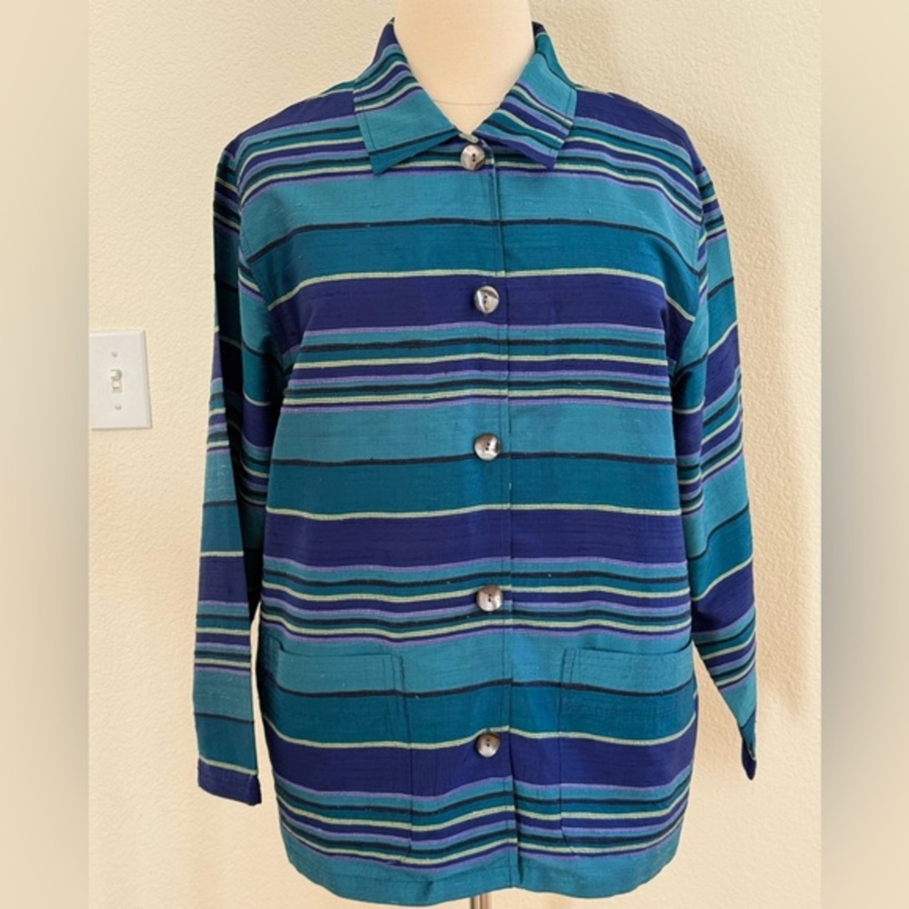 Chico’s Silk Teal and Navy Striped Women's Jacket size 16 (Chico’s size 3)
